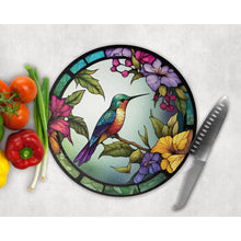 Load image into Gallery viewer, Hummingbird Chopping Board, faux stained glass, tableware decor, housewarming gift, round cheese board, placemat, gift for friends, family