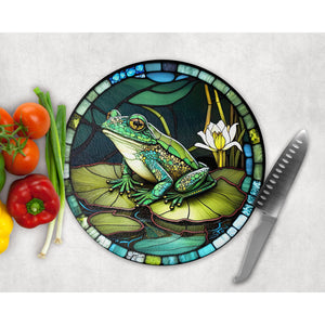 Happy Frog Chopping Board, faux stained glass, tableware decor, housewarming gift, round cheese board, placemat, gift for friends, family