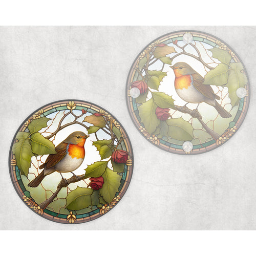 Garden robin round glass coaster, faux stained glass, letter box gift, tableware birthday gift for her, him, for mum, friends, family