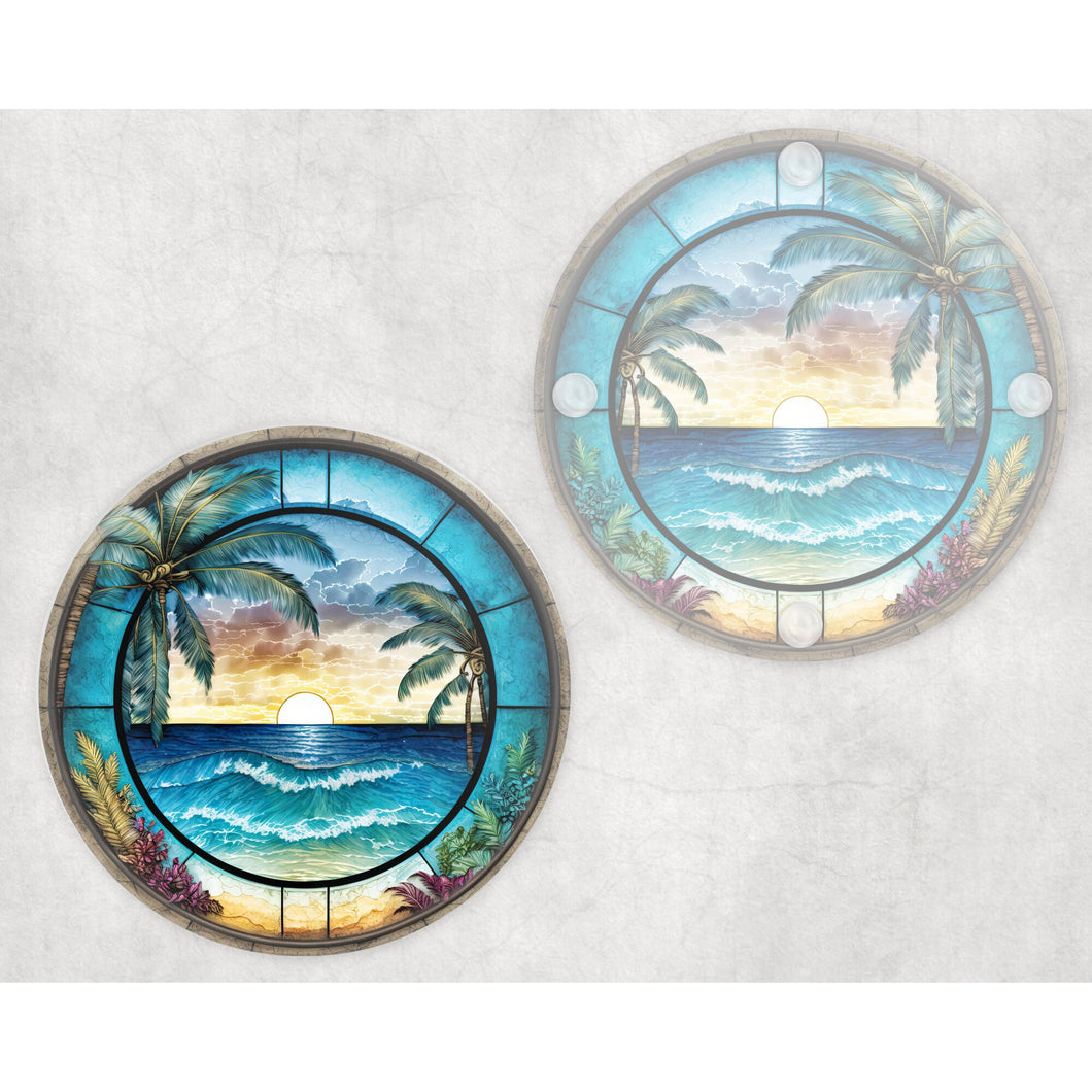 Tropical Beach round glass coaster, faux stained glass, letter box gift, tableware birthday gift for her, him, for mum, friends, family