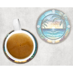 Tropical Beach round glass coaster, faux stained glass, letter box gift, tableware birthday gift for her, him, for mum, friends, family