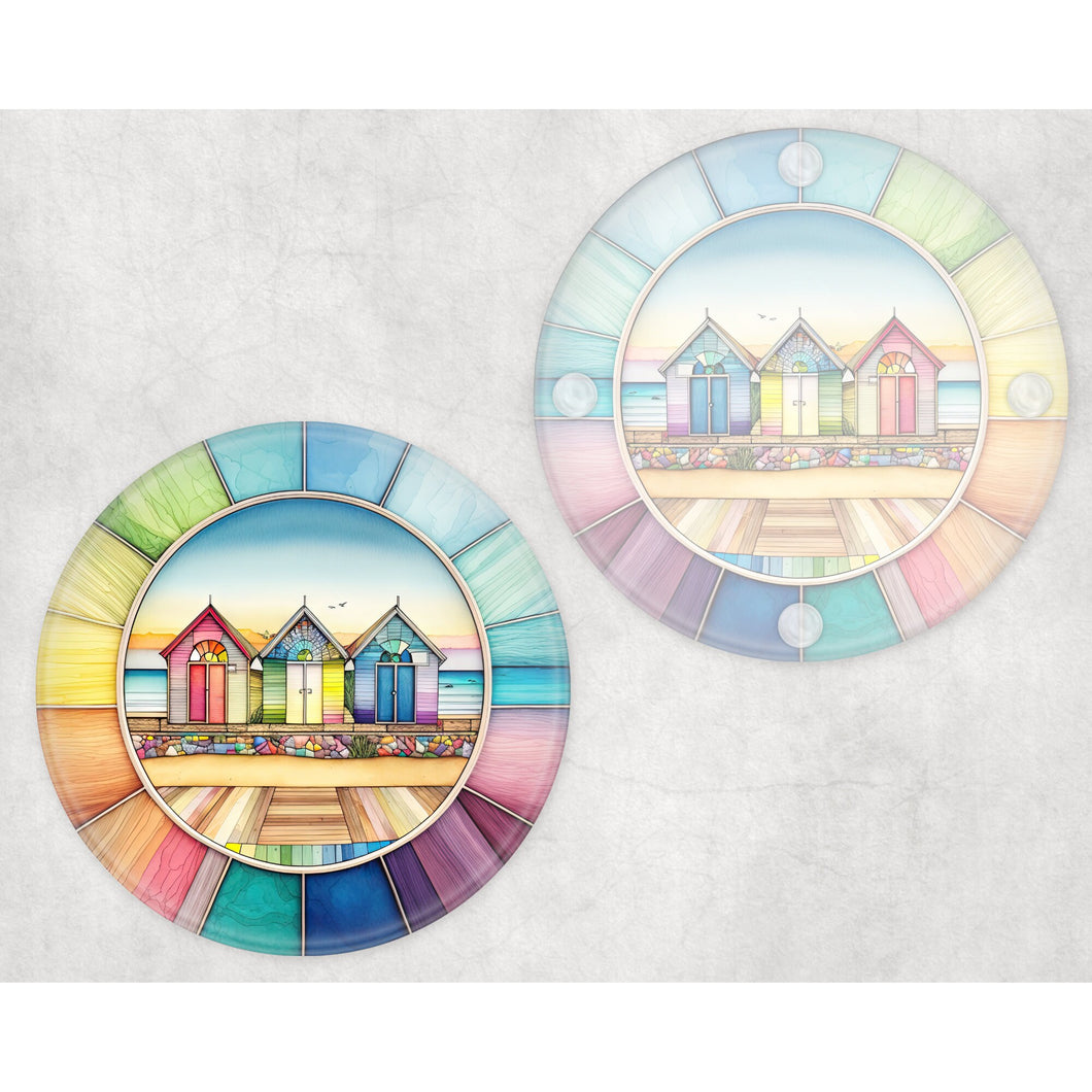 Beach Huts round glass coaster, faux stained glass, letter box gift, tableware birthday gift set for her, for him, for mother, for friend