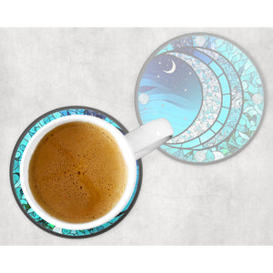Crescent Moon round glass coaster, faux stained glass, letter box gift, tableware birthday gift set for her, for him, for mother, friend