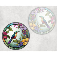 Load image into Gallery viewer, Humming Bird round glass coaster, faux stained glass, letter box gift, tableware birthday gift set for her, for him, for mother, friend