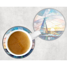 Load image into Gallery viewer, Sailing Boat round glass coaster, faux stained glass, letter box gift, tableware birthday gift for her, him, for mother, friends, family