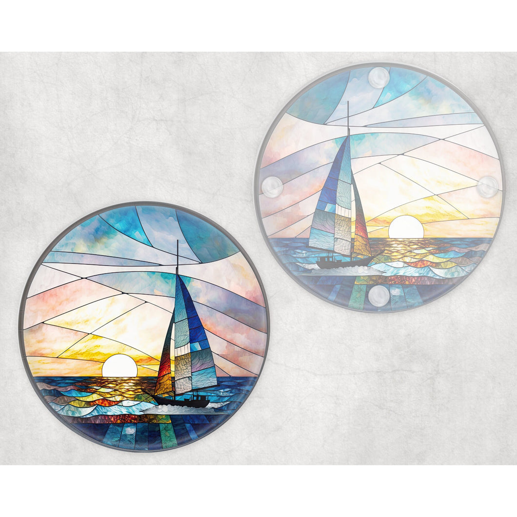 faux stained glass sailing boatd round glass coaster