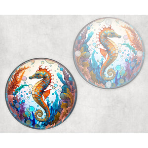 Seahorse faux stained glass round glass coaster