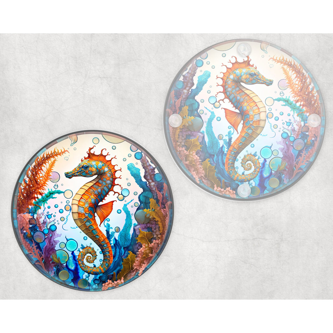 Seahorse faux stained glass round glass coaster