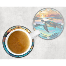 Load image into Gallery viewer, Sea Turtle round glass coaster, faux stained glass, letter box gift, tableware birthday gift for her, him, for mother, friends, family