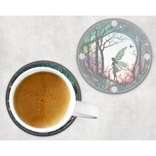 Load image into Gallery viewer, Mythical Fairy round glass coaster, faux stained glass, letter box gift, tableware birthday gift for her, him, for mum, friends, family