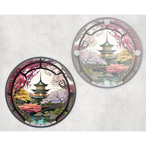 Japanese pagoda round glass coaster, faux stained glass, letter box gift, tableware birthday gift for her, him, for mum, friends, family