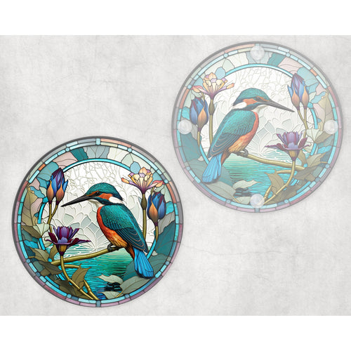 Kingfisher round glass coaster, faux stained glass, letter box gift, tableware birthday gift for her, him, for mum, friends, family