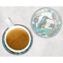 Load image into Gallery viewer, Kingfisher round glass coaster, faux stained glass, letter box gift, tableware birthday gift for her, him, for mum, friends, family