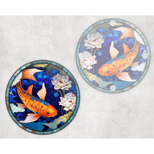 Load image into Gallery viewer, Koi fish round glass coaster, faux stained glass, letter box gift, tableware birthday gift for her, him, for mum, friends, family