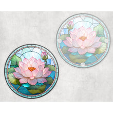 Load image into Gallery viewer, Lotus flower round glass coaster, faux stained glass, letter box gift, tableware birthday gift for her, him, for mum, friends, family