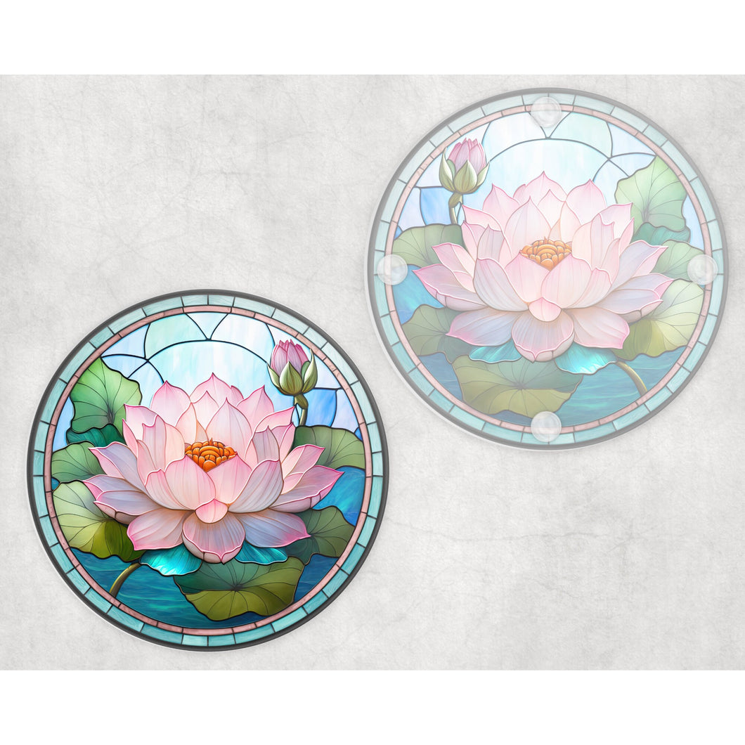 Lotus flower round glass coaster, faux stained glass, letter box gift, tableware birthday gift for her, him, for mum, friends, family