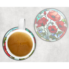 Load image into Gallery viewer, Poppies round glass coaster, faux stained glass, letter box gift, tableware birthday gift for her, him, for mum, friends, family