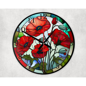 Poppy flower glass wall clock, wall decor,faux stained glass, housewarming gift, birthday gift for family, freinds, colleague