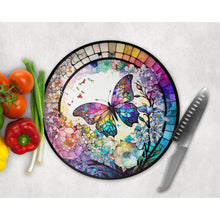 Load image into Gallery viewer, Floral Buttefly Chopping Board, faux stained glass, tableware decor, housewarming gift, round glass cheese board, placemat gift for friends