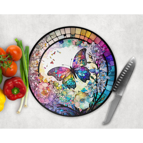 Floral Buttefly Chopping Board, faux stained glass, tableware decor, housewarming gift, round glass cheese board, placemat gift for friends