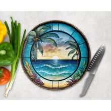Load image into Gallery viewer, Tropical Beach Chopping Board, faux stained glass, tableware decor, housewarming gift, round glass cheese board, placemat gift for friends