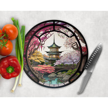 Load image into Gallery viewer, Japanese pagoda Chopping Board, faux stained glass, tableware decor, housewarming gift, round glass cheese board, placemat gift for friends