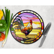 Load image into Gallery viewer, Rooster Chopping Board, faux stained glass, tableware decor, housewarming gift, round glass cheese board, placemat gift for family, friends