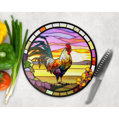 Rooster Chopping Board, faux stained glass, tableware decor, housewarming gift, round glass cheese board, placemat gift for family, friends