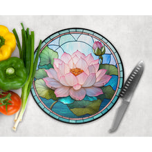 Load image into Gallery viewer, Pink Water Lily Chopping Board, faux stained glass, tableware decor, housewarming gift, round glass cheese board, placemat gift idea