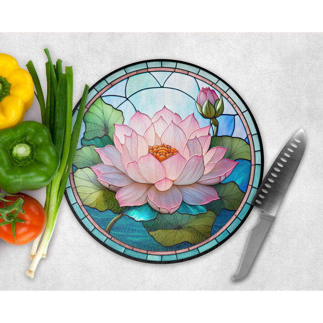Pink Water Lily Chopping Board, faux stained glass, tableware decor, housewarming gift, round glass cheese board, placemat gift idea