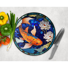 Load image into Gallery viewer, Koi Fish Chopping Board, faux stained glass, tableware decor, housewarming gift, round glass cheese board, placemat gift for family, friends