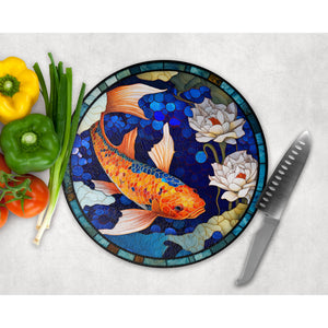 Koi Fish Chopping Board, faux stained glass, tableware decor, housewarming gift, round glass cheese board, placemat gift for family, friends