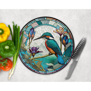 Kingfisher Chopping Board, faux stained glass tableware decor, housewarming gift, round glass cheese board, placemat gift for family friends