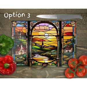 Engish village sunset glass chopping board, faux stained glass Placemats, outside dining, new home gift, worktop saver, patterns