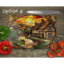 Load image into Gallery viewer, Engish village sunset glass chopping board, faux stained glass Placemats, outside dining, new home gift, worktop saver, patterns