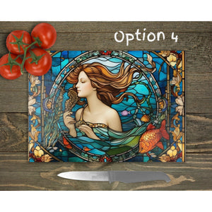 Vintage Mermaid Faux Stained Glass Cutting Board - Elegant Cheese Serving Platter and Glass Worktop Saver - Unique Housewarming Gift