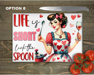 Vintage Pin-up Glass Chopping Board | Valentine Kitchen Decor | Retro Cooking Gift | Unique Housewarming Gift | Home Placemats - 8 Patterns