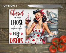 Load image into Gallery viewer, Retro Pin-up Glass Chopping Board | Valentine Kitchen Decor | Vintage Cooking Gift | Unique Housewarming Gift | Home Placemats - 7 Patterns