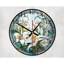 Load image into Gallery viewer, White Lily round glass wall clock, wall decor, faux stained glass, housewarming gift, birthday gift for family, friends, colleagues