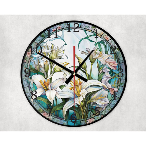 White Lily round glass wall clock, wall decor, faux stained glass, housewarming gift, birthday gift for family, friends, colleagues