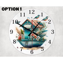 Load image into Gallery viewer, Beach Huts and Boat round glass wall clock, wall decor, faux stained glass, housewarming gift, birthday gift for family, friends, colleagues
