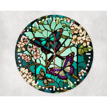 Load image into Gallery viewer, Butteflies round glass wall clock, wall decor, faux stained glass, housewarming gift, birthday gift for family, friends, colleagues