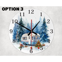 Load image into Gallery viewer, Winter Campervan Holiday round glass wall clock, wall decor, housewarming gift, birthday gift for family and friends, 3 patterns