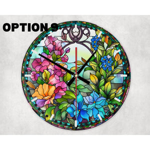 Flower Bouquets round glass wall clock, wall decor, faux stained glass design, housewarming or birthday gift for family, friends, 9 patterns