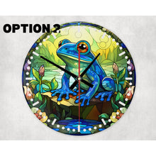 Load image into Gallery viewer, Lucky Frog round glass wall clock, wall decor, faux stained glass design, housewarming or birthday gift for family, friends, 3 patterns