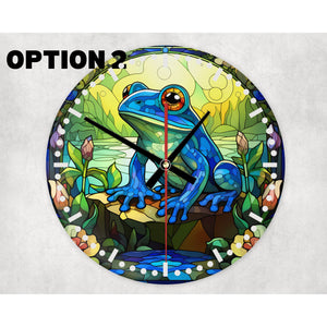 Lucky Frog round glass wall clock, wall decor, faux stained glass design, housewarming or birthday gift for family, friends, 3 patterns