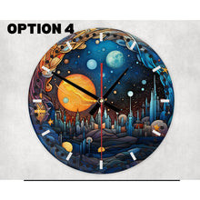 Load image into Gallery viewer, Cosmic Panorama round glass wall clock, wall decor, faux stained glass design, housewarming or birthday gift for family, friends, 5 patterns