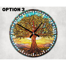 Load image into Gallery viewer, Tree of Life round glass wall clock, wall decor, faux stained glass design, housewarming or birthday gift for family, friends, 6 patterns