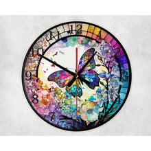 Load image into Gallery viewer, Butterfly round glass wall clock, wall decor, faux stained glass design, housewarming or birthday gift for family and friends
