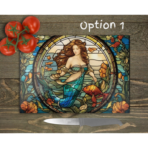 Vintage Mermaid Faux Stained Glass Cutting Board - Elegant Cheese Serving Platter and Glass Worktop Saver - Unique Housewarming Gift